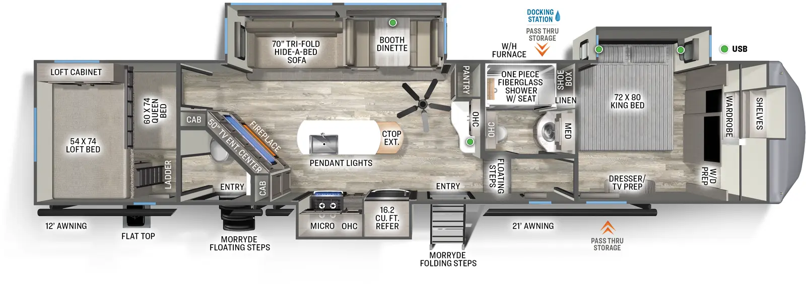 The Sierra Fifth Wheels 3550BH floorplan has two entries and three slide outs. Exterior features include: fiberglass exterior and 12' & 21' awning. Interiors features include: loft, kitchen island, front bedroom, rear bedroom, two bedrooms and bathroom and a half.